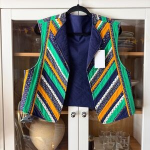 Vintage Handmade Striped Quilted Vest - Green, Yellow, Navy